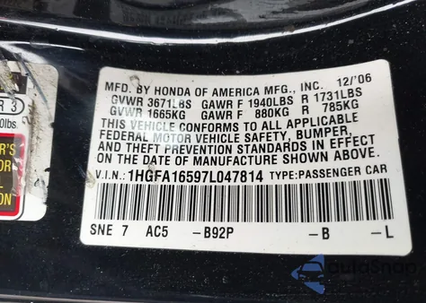 2007 Honda Civic Lx from USA, damaged, VIN 1HGFA16597L047814